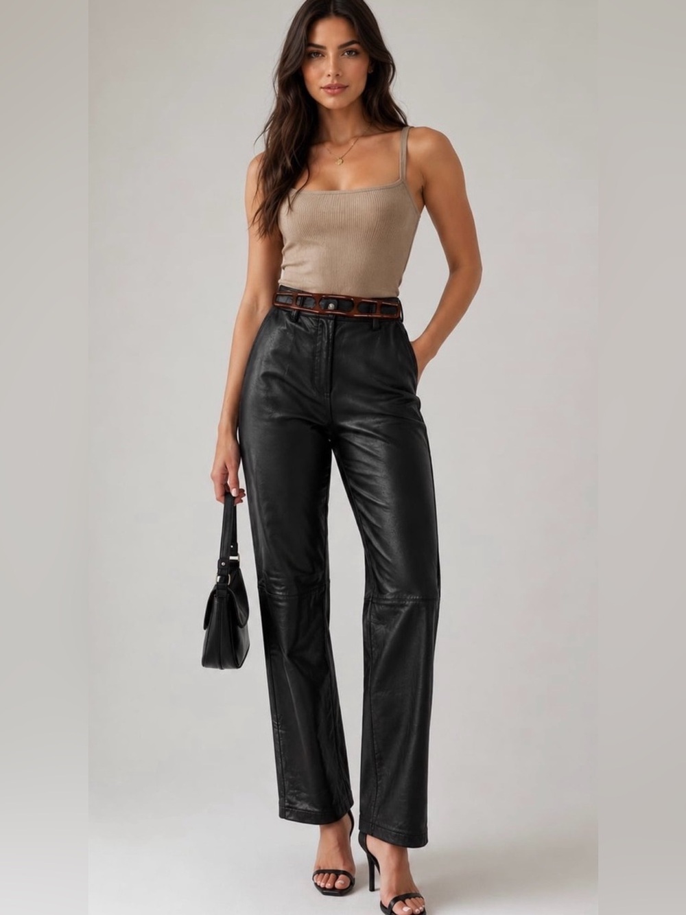 Boutique Europa Women’s Black Leather Straight-Leg Flat Front Pants Size 4Petite